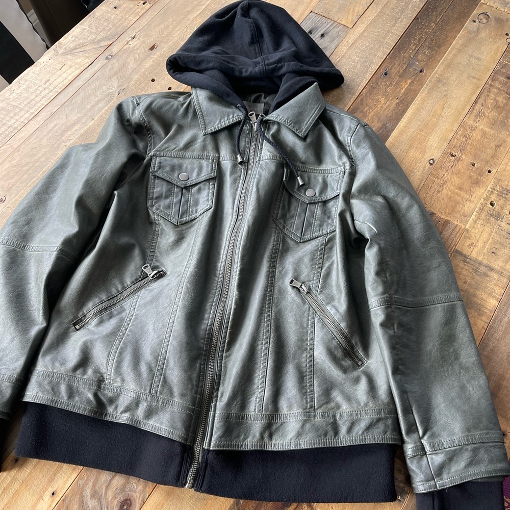 Bagatelle faux-leather look layered hooded jacket. Black-olive in size large.